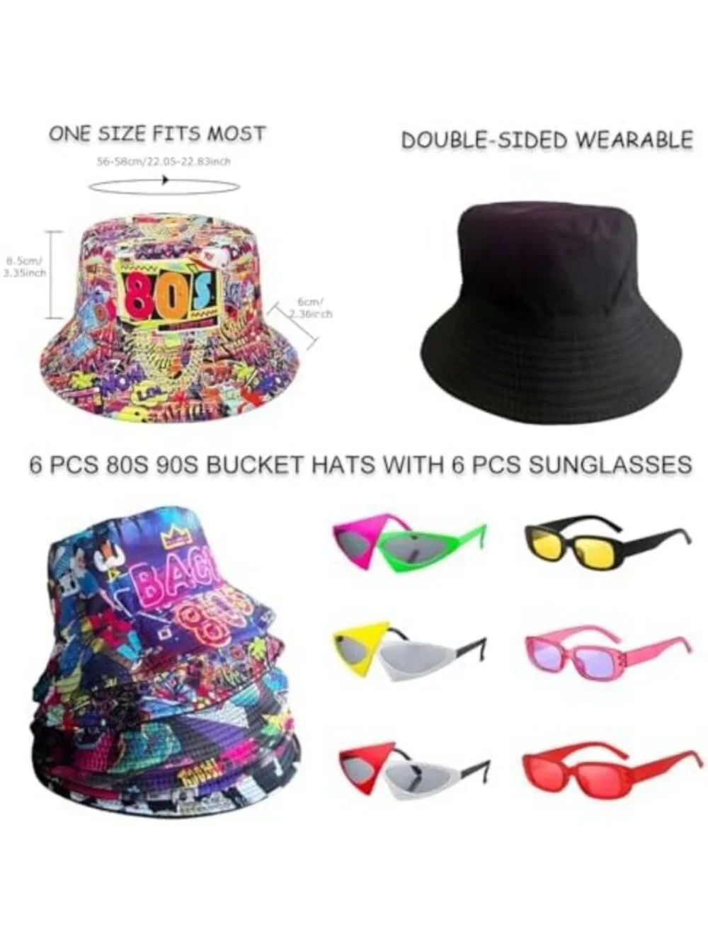 12 Retro 80s 90s Bucket Hats & Neon Sunglasses Set for Parties, Photo Booth